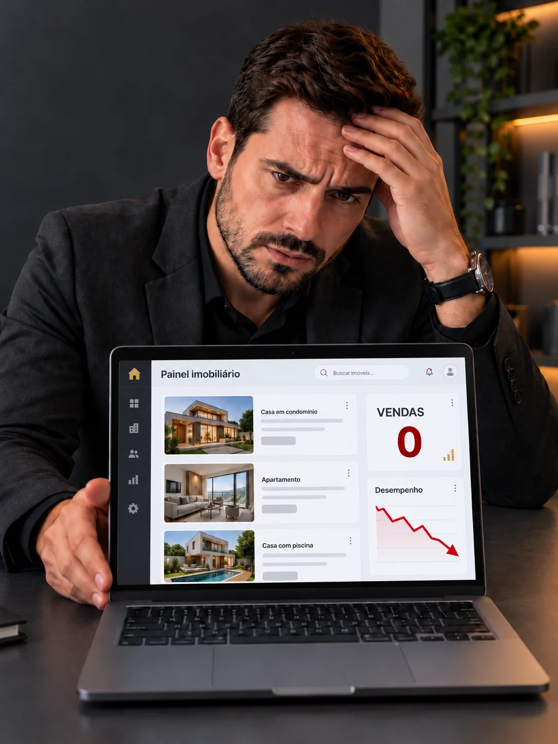 Corretor frustrado com painel imobiliário indicando zero vendas e gráfico vermelho em queda.