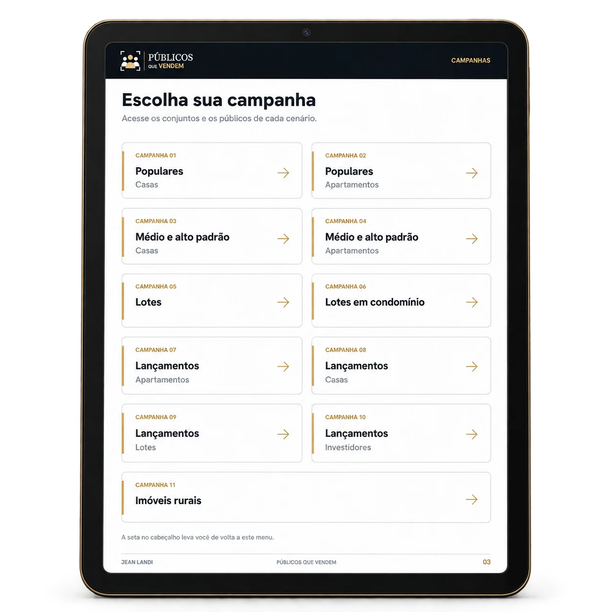 Menu de navegação das onze campanhas do guia.